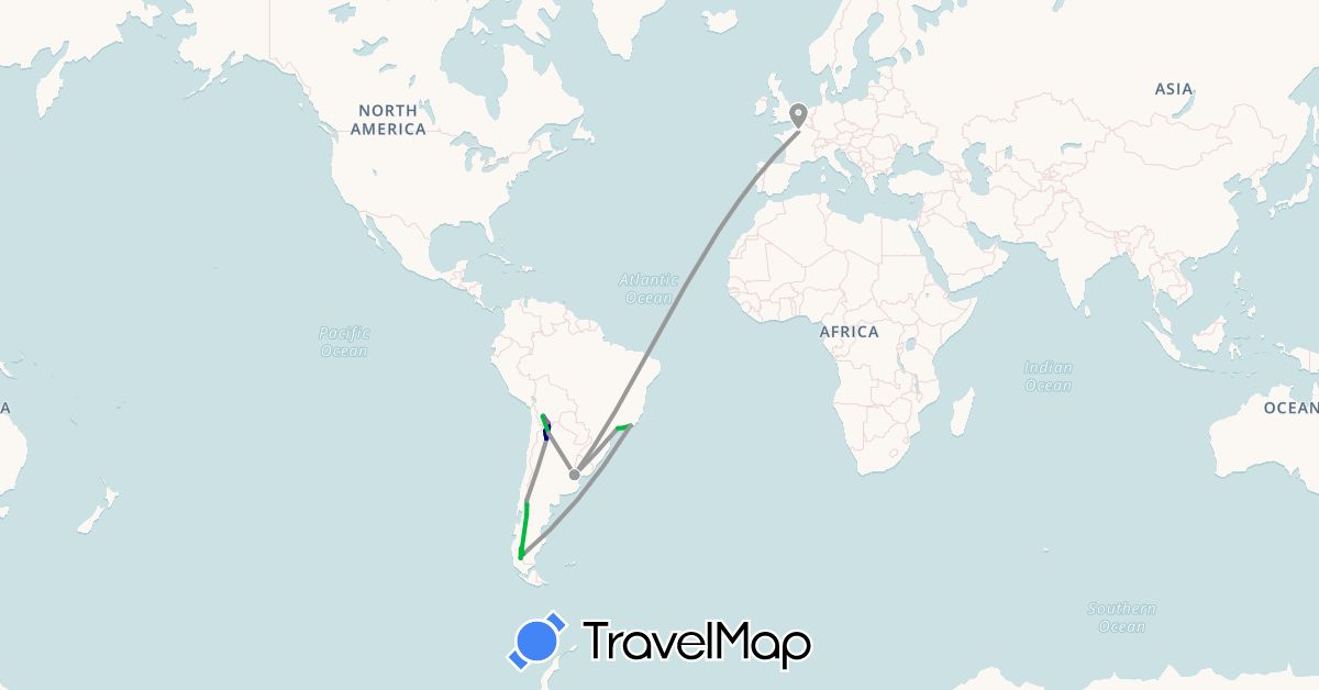 TravelMap itinerary: driving, bus, plane, train in Argentina, Bolivia, Brazil, Chile, France (Europe, South America)